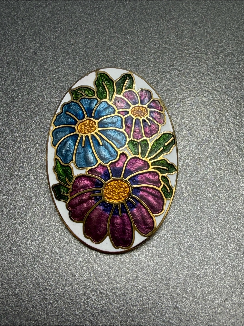 Floral Cloisonné Oval Brooch - Picture 2 of 3